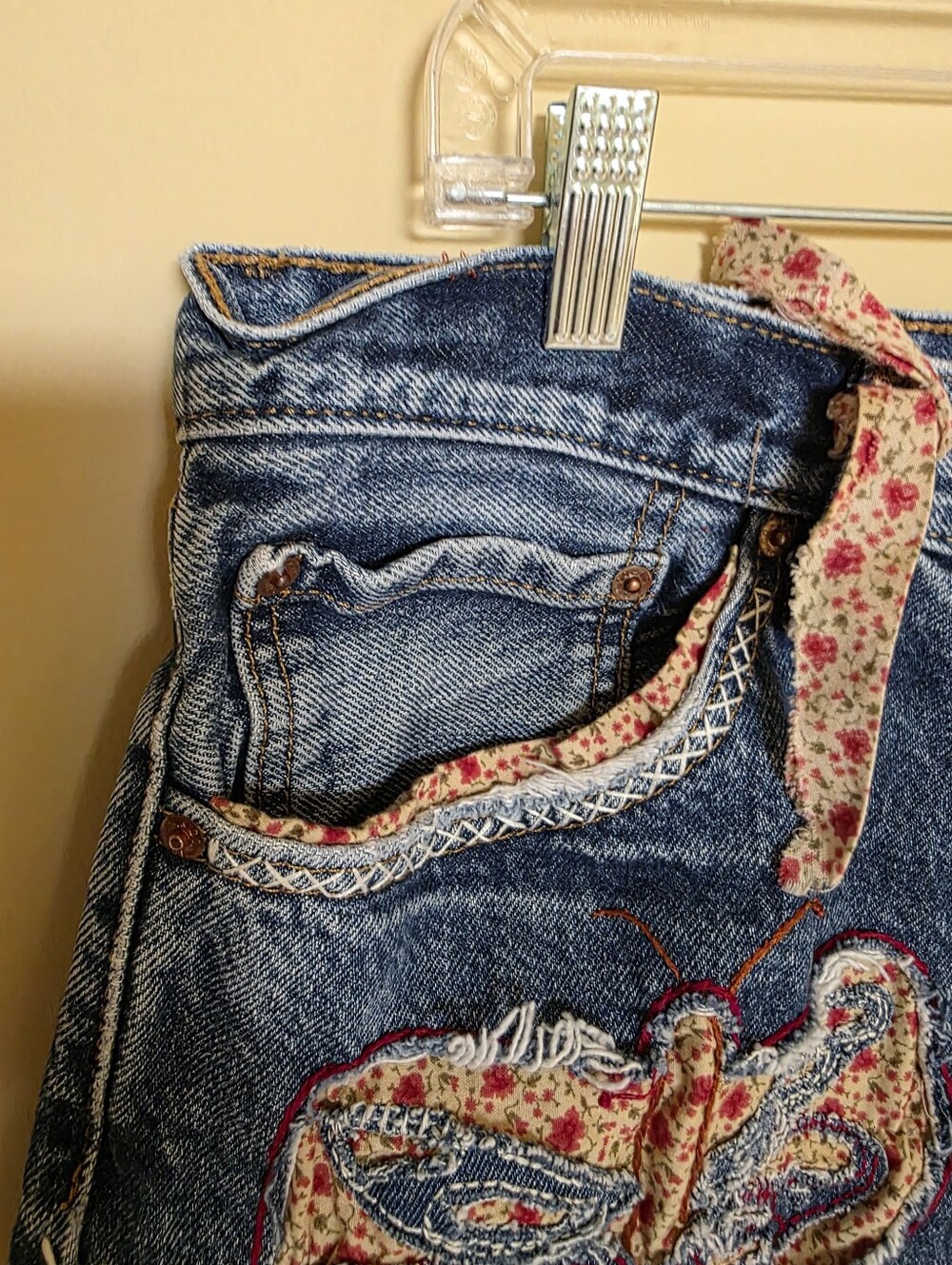 HAND CRAFTED Maxi Skirt UPCYCLED Blue Denim Dragonfly Fringed  Red Print Size 12 - Picture 6 of 9